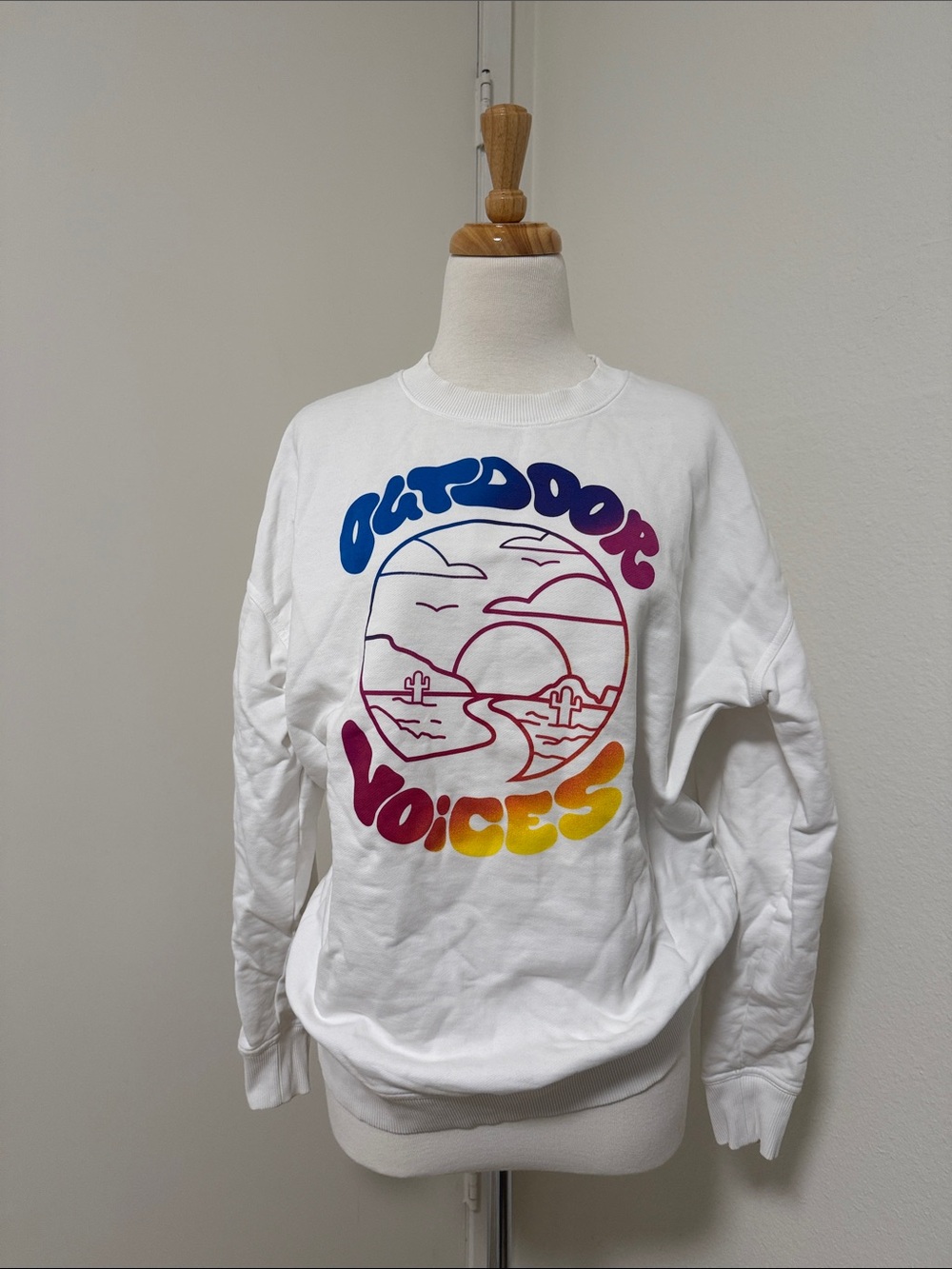 Outdoor Voices White Crewneck with Multicolor Sunset Graphic